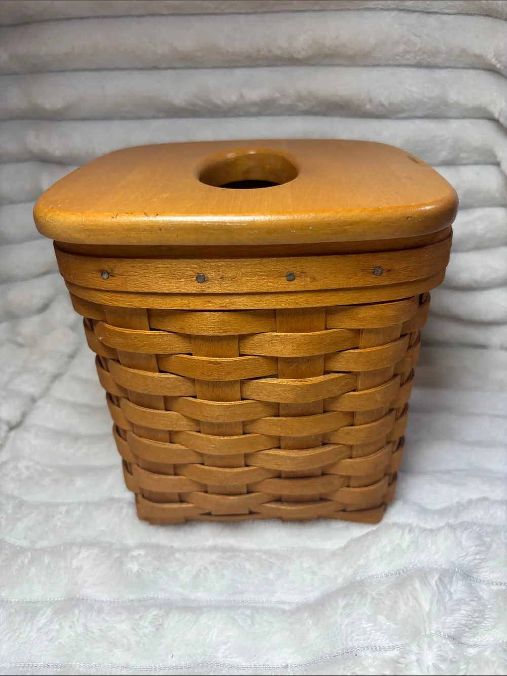 Longaberger Handwoven Wood Tall Tissue Basket with lid 1999 signed